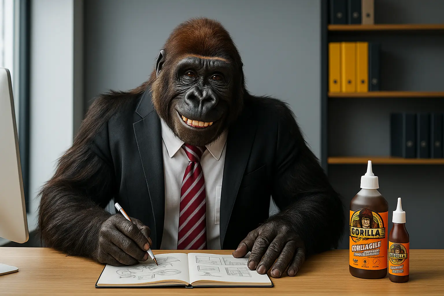 Gorilla Glue concept brand character sketching campaign ideas at a desk