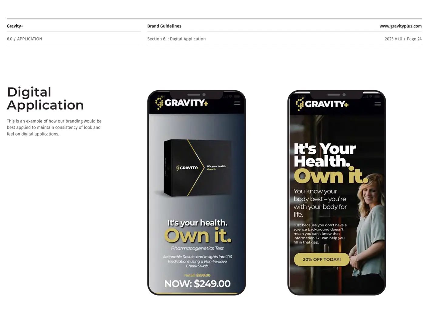 Gravity Plus brand guidelines digital application page